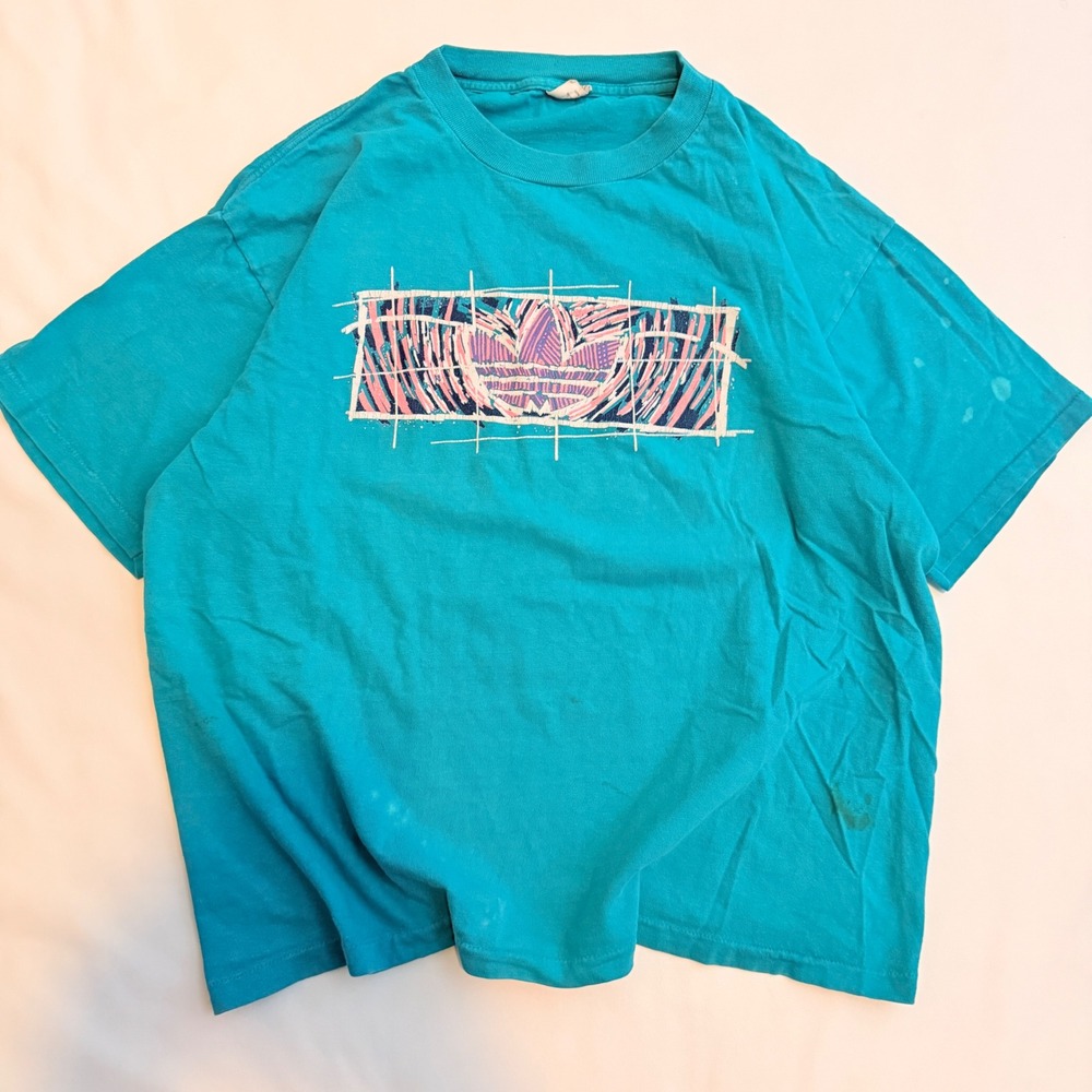 Adidas T-Shirt Mens Large Teal Blue Vintage 90s Made in USA Trefoil Graphic